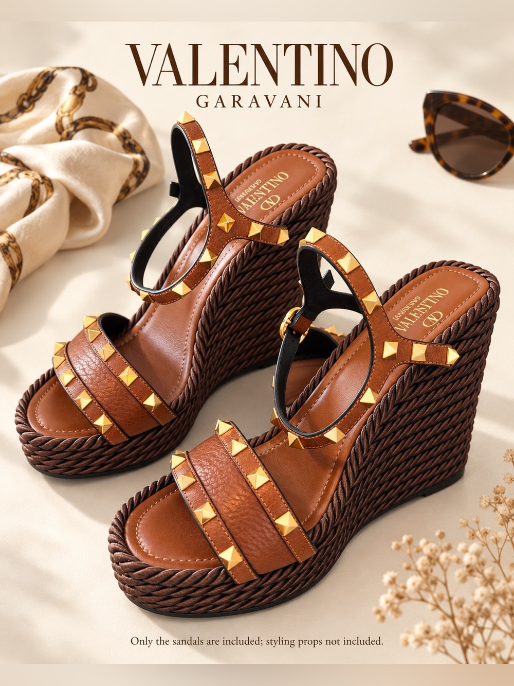 Valentino Garavani Rockstud Brown Leather Platform Wedge Sandals EU 40